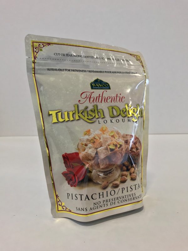 Pistachio Turkish Delight in a resealable stand up pouch