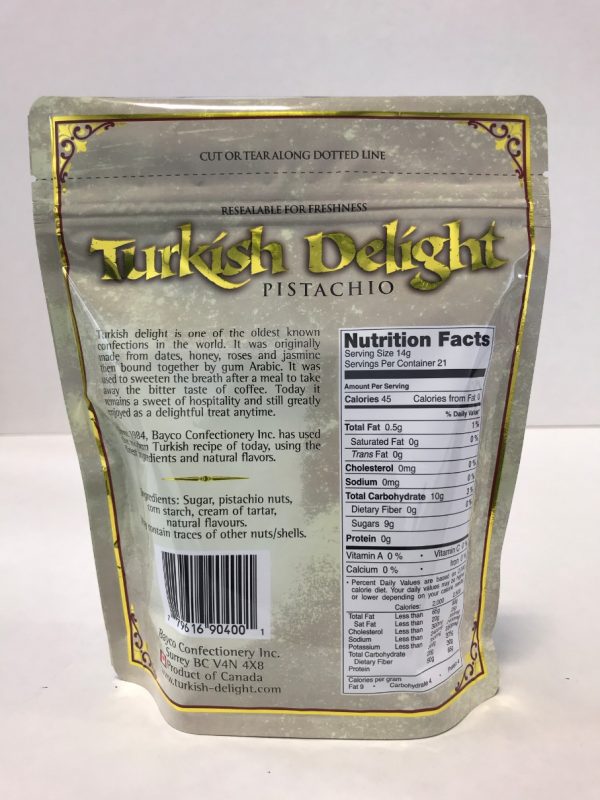 Pistachio Turkish Delight in a resealable stand up pouch