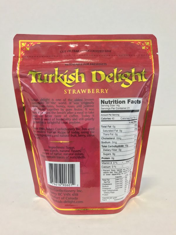 Strawberry Turkish Delight in a resealable stand up pouch