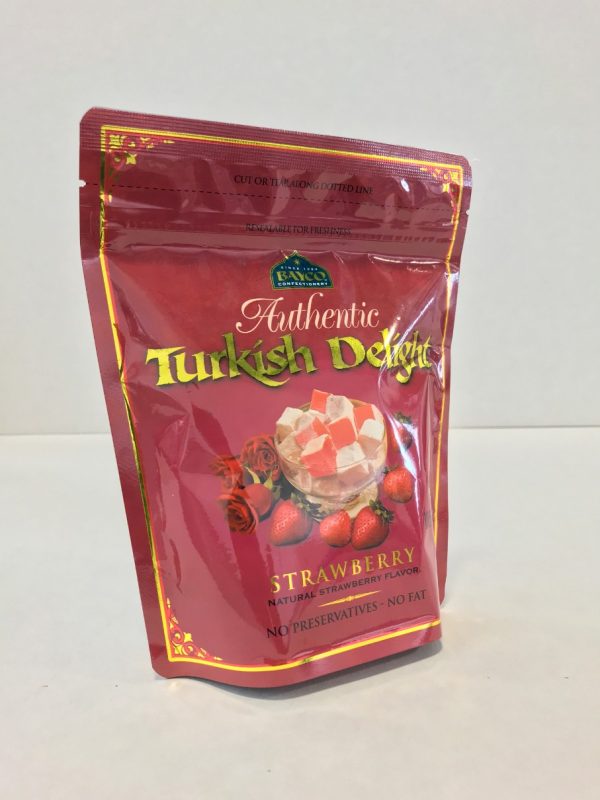 Strawberry Turkish Delight in a resealable stand up pouch