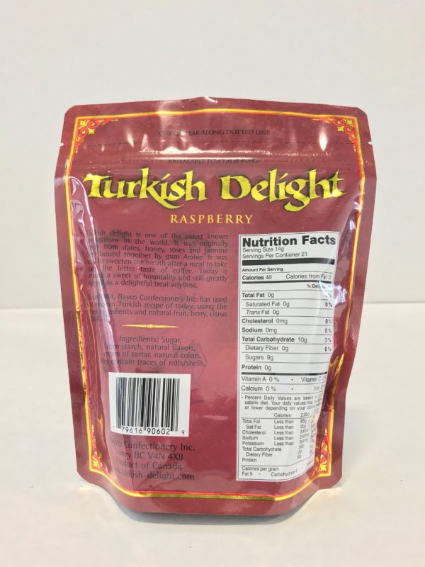 Raspberry Turkish Delight in a resealable stand up pouch