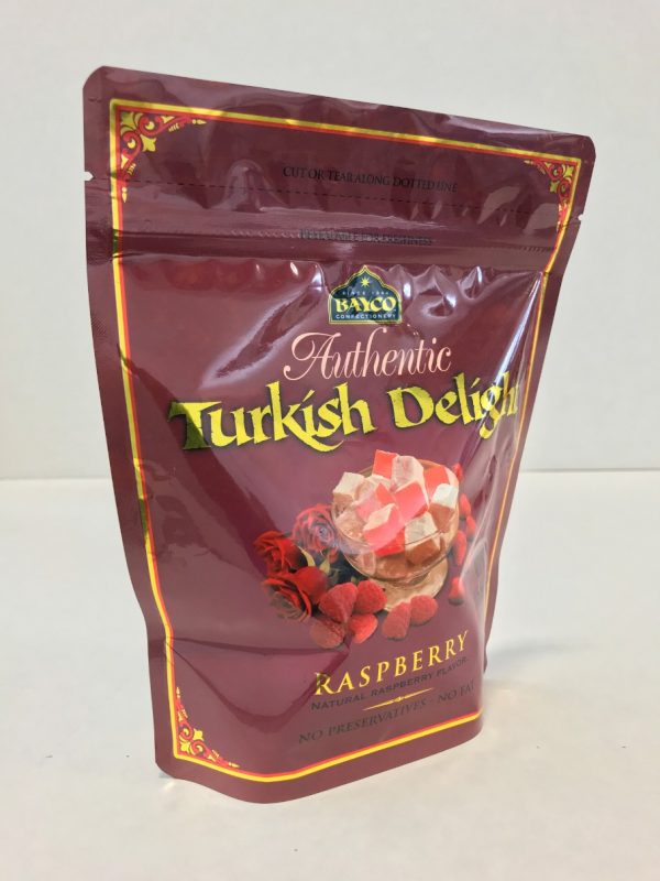 Raspberry Turkish Delight in a resealable stand up pouch
